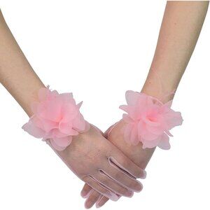 Women's Tulle Floral Short Pink Gloves Flower Design Tea Party Accessories